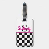 Retro-Schachbrett Neon-Pink Name Monogramm Gepäckanhänger (Rückseite vertikal)