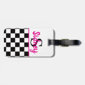Retro-Schachbrett Neon-Pink Name Monogramm Gepäckanhänger (Rückseite horizontal)