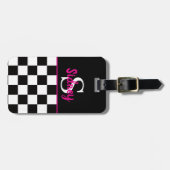 Retro-Schachbrett Neonrosa Namensmonogramm Gepäckanhänger (Vorderseite horizontal)