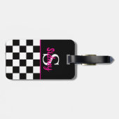 Retro-Schachbrett Neonrosa Namensmonogramm Gepäckanhänger (Rückseite horizontal)
