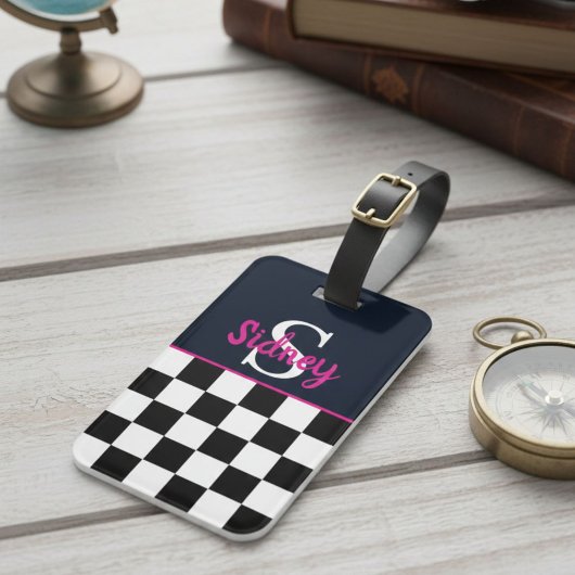 Retro-Schachbrett Neonrosa Namensmonogramm Gepäckanhänger