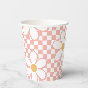 Retro-Schachbrett Rosa Daisy Geburtstag Pappbecher