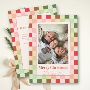 Retro Schachbrett Rot Grün Familienweihnachten Feiertagskarte