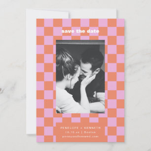Retro-Schachbrettmuster Rosa Orange Moderne Hochze Save The Date