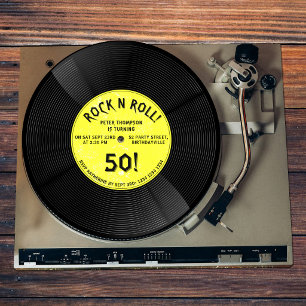 Retro-Schallplatte Rock N Roll Gelbe Geburtstagsfe Einladung