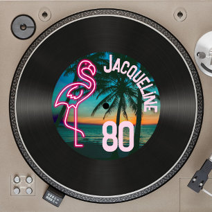 Retro-Schallplatte Tropical Neon Flamingo 80. Gebu Einladung