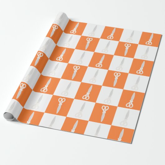 Retro-Schere Orange Karomuster Geschenkpapier (Ungerollt)