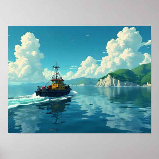 Retro-Schlepper-Schifffahrt Küstenlandschaft Szene Poster (Vorne)