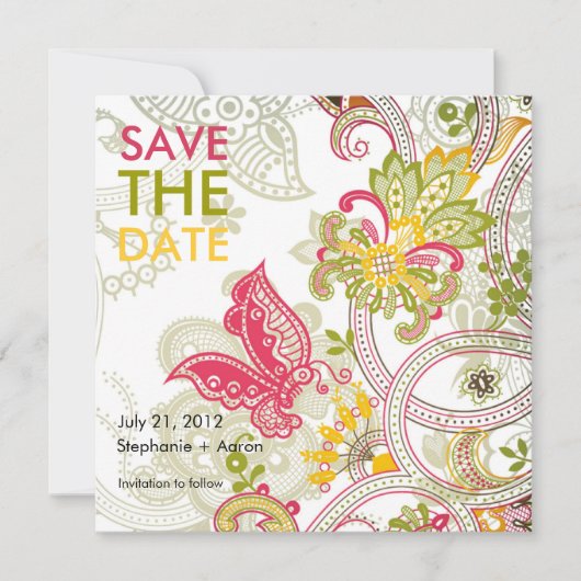 Retro-Schmetterling Blumen Save The Date (Vorderseite)