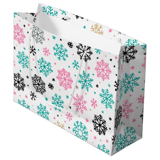 Retro-Schneeflocken Große Geschenktüte (Vorderseite Schrägansicht)
