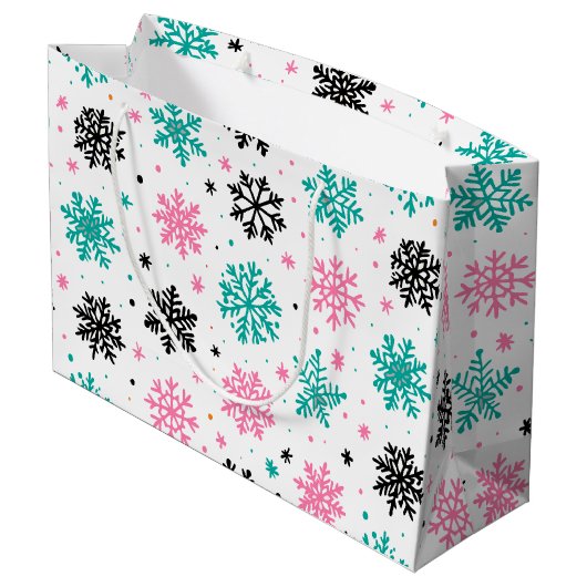 Retro-Schneeflocken Große Geschenktüte (Rückseite Schrägansicht)