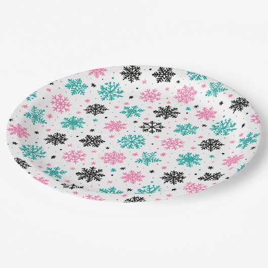 Retro-Schneeflocken Pappteller (Schrägansicht)