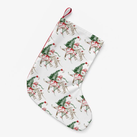 Retro Schneemann auf Skis Kleiner Weihnachtsstrumpf (Vorderansicht (hängend))