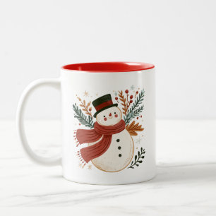 Retro-Schneemann mit Zylinder und rotem Schal Zweifarbige Tasse