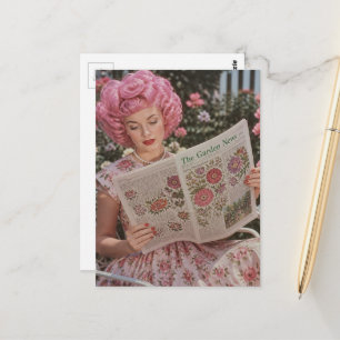 Retro schöne Dame mit rosa Haaren beim Lesen im Ga Postkarte