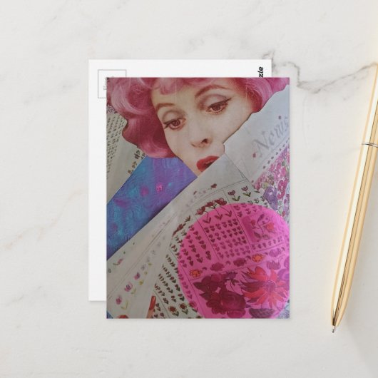Retro schöne rosa Haar Dame Mixed Media Collage Postkarte (Vorderseite/Rückseite Beispiel)