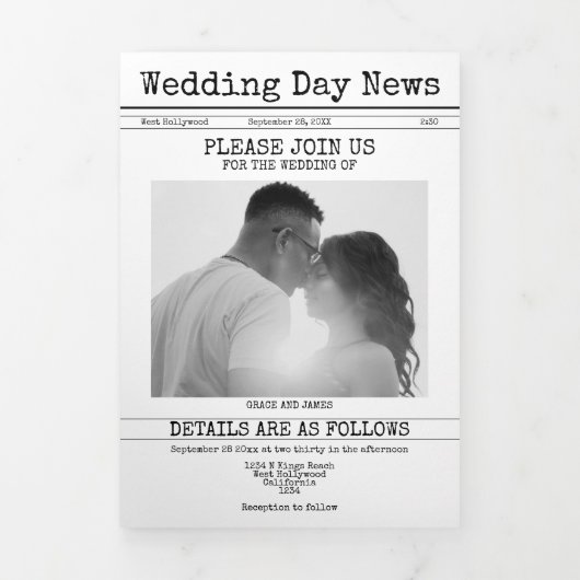 Retro Schreibmaschine Wedding Newspaper Personalis Dreifach Gefaltete Urlaubskarte (Cover)