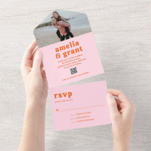 Retro-Schrift Orange und Pink QR-Code Foto Hochzei All In One Einladung