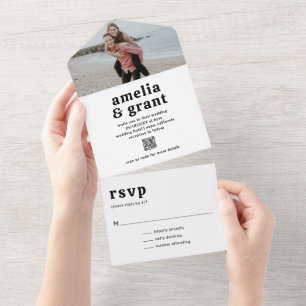 Retro Schriftart Black and White QR Code Foto Hoch All In One Einladung