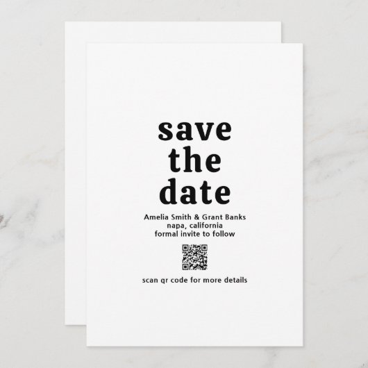 Retro Schriftart Black and White QR Code Moderne H Save The Date (Vorne/Hinten)