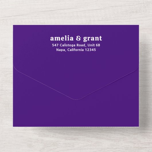 Retro Schriftart Lila QR Code Foto Moderne Hochzei All In One Einladung (Rückseite)