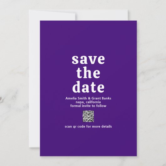 Retro Schriftart Lila QR Code Moderne Hochzeit Save The Date (Vorderseite)