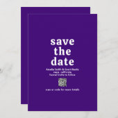 Retro Schriftart Lila QR Code Moderne Hochzeit Save The Date (Vorne/Hinten)