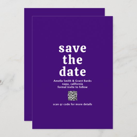 Retro Schriftart Lila QR Code Moderne Hochzeit Save The Date (Vorne/Hinten)