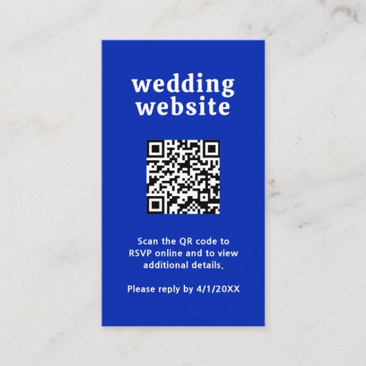 Retro Schriftart Royal Blue QR Code Moderne Hochze Begleitkarte (Vorderseite)