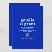 Retro Schriftart Royal Blue QR Code Moderne Hochze Einladung (Vorne/Hinten)