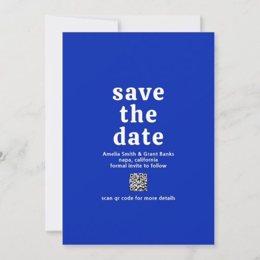 Retro Schriftart Royal Blue QR Code Moderne Hochze Save The Date (Vorderseite)