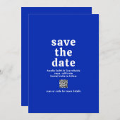 Retro Schriftart Royal Blue QR Code Moderne Hochze Save The Date (Vorne/Hinten)