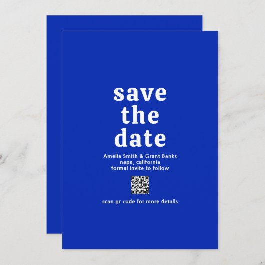 Retro Schriftart Royal Blue QR Code Moderne Hochze Save The Date (Vorne/Hinten)