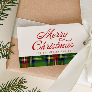 Retro-Schriftzug Frohe Weihnachten Rot Grün Karier Geschenkanhänger