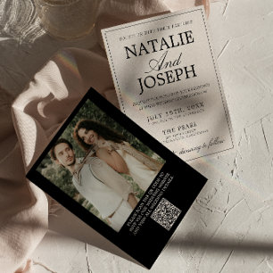 Retro Schwarz Creme Old Money Foto QR-Code Hochzei Einladung