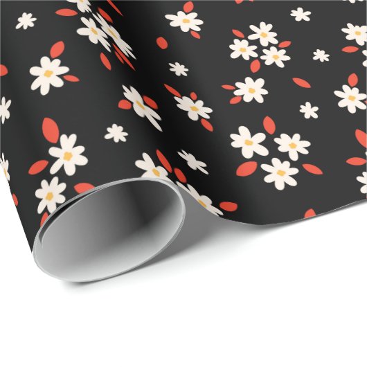 Retro-schwarz-ditsch daisy florale Verpackungspapi Geschenkpapier (Rolleneckpunkt)