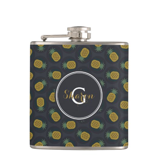 Retro Schwarz Gold Ananasmuster Monogramm Flachmann (Vorderseite)