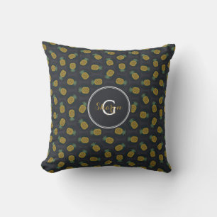Retro Schwarz Gold Ananasmuster Monogramm Kissen