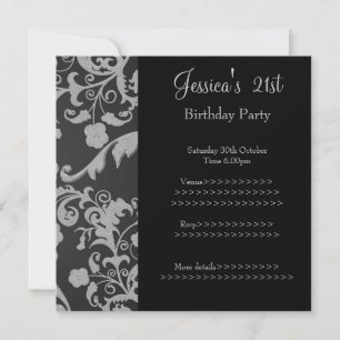 Retro Schwarz Grau Metallic Floral 21. Geburtstag Einladung