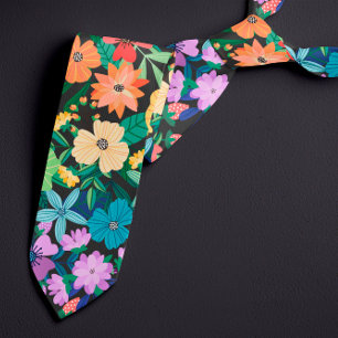 Retro Schwarz Regenbogen Blumen Muster Krawatte