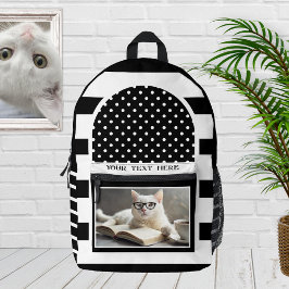 Retro Schwarz und Weiß Streifen Funny Cat Foto Bedruckter Rucksack