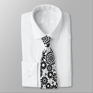 Retro Schwarz-Weiß Chic Folk Blumen Muster Krawatte