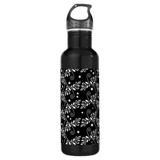 Retro Schwarz-weiß floral Edelstahlflasche (Vorderseite)