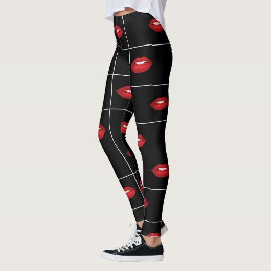 Retro Schwarz-Weiß-Gitter Muster rote Lippen Leggings (Links)