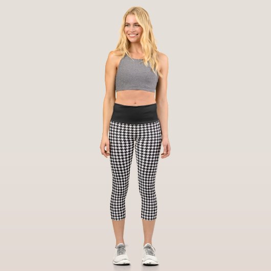 Retro-Schwarz-Weiß-Hahnentrittmuster-Muster Capri Leggings (Vorderseite)