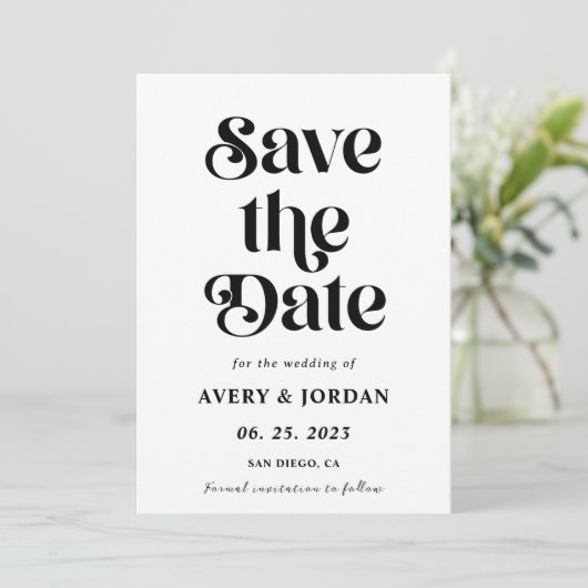 Retro Schwarz-Weiß-Hochzeit speichern Sie das Datu Einladung (Stehend Vorderseite)