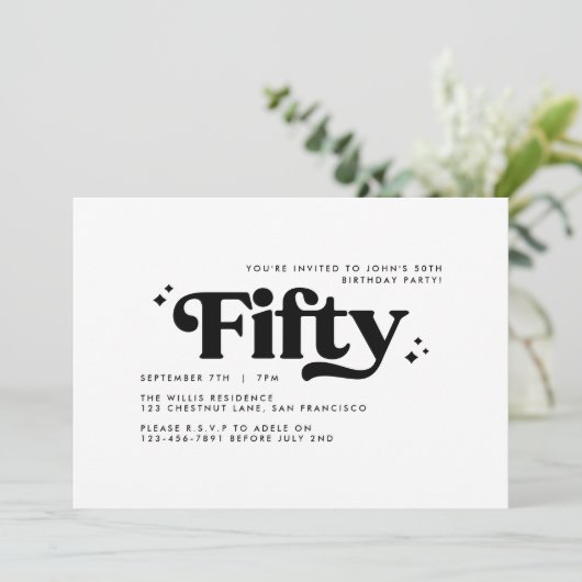 Retro Schwarz-weiß modern minimalistisch 50. Gebur Einladung (Stehend Vorderseite)