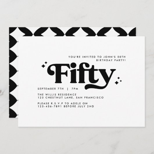 Retro Schwarz-weiß modern minimalistisch 50. Gebur Einladung (Vorne/Hinten)