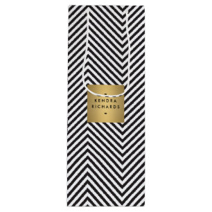 Retro Schwarz-Weiß-Muster Gold Name Logo Wein  Geschenktüte Für Weinflaschen