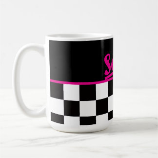 Retro Schwarz Weiß Neon Pink "Serve!" Schachbrett Kaffeetasse
